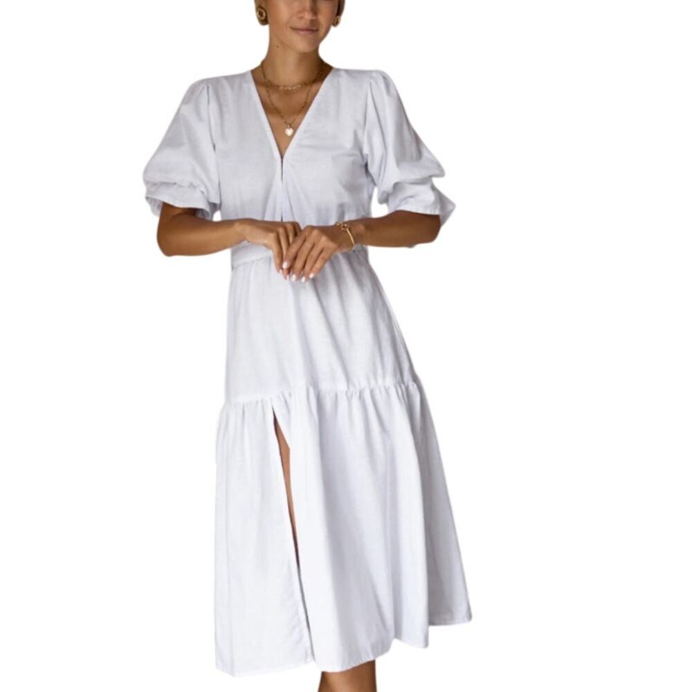 Bali Elf Handmade M White Peony Midi Dress 100% Cotton *flaw